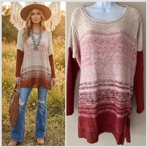 Free People Sweater Size Medium Tunic Ombré Side Slit Burnt Orange